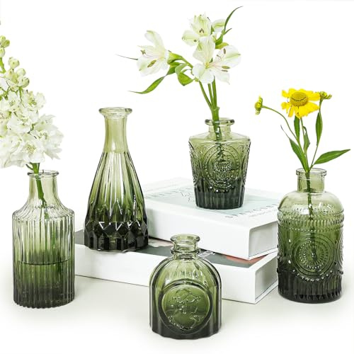 SUPMIND Lot de 5 Petits vases à Fleurs en Verre Vert pour centres de Table, Mini vases Vintage pour Mariage Rustique, Maison, décoration de Table
