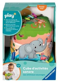 Ravensburger Play+ - Cube d'Activité Bébé Sonore Animaux Sauvages 6 Mois - Cube Activité Bébé Éveil Musical Sensoriel - 3400