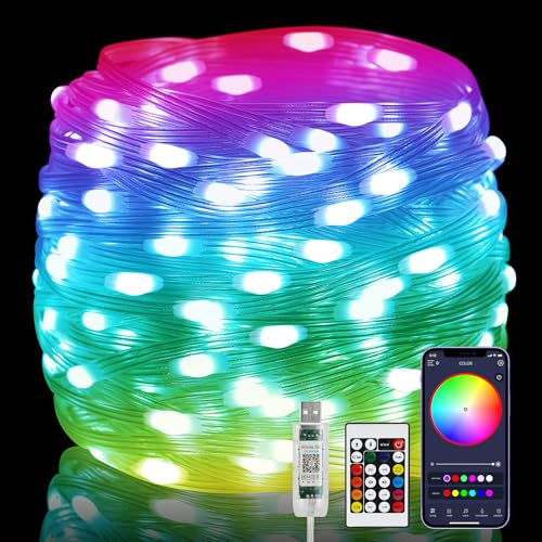 20M 200LED IP65 Wasserdichte Lichterkette Bunt Mit Timer Fernbedienung, Musik Sync, APP Gesteuert, 210 Modi USB für Garten Hochzeit Halloween Weihnachten Balkone Party (10M×2)