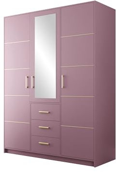 Mirjan24 Drehtürenschrank Bado 3D II, Kleiderschrank mit Spiegel, 3 Schubladen, Spiegeltüren, Kleiderstangen, Elegantes Garderobenschrank, Schlafzimmerschrank (Pflaume + Gold, ohne Schrankaufsatz)