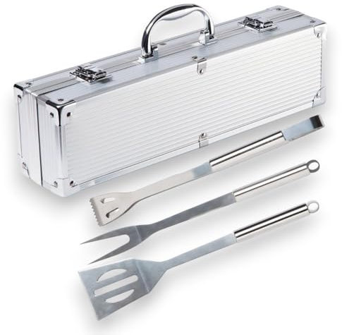 3-teiliges Grillbesteck mit Koffer Zange Spatel Gabel Stahl