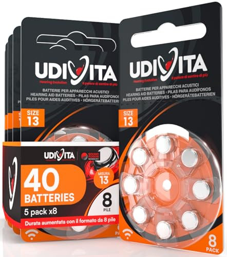 40 Pilas para Audífonos Tamaño 13 Udivita PR48 (Naranja) Zinc-Aire Hearing Evolution - 5 Blísteres de 8 Pilas