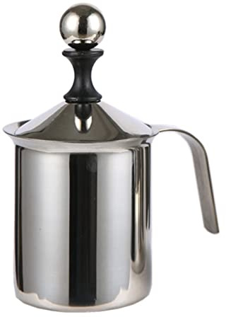 Hand Pump Milk Foamer, 400cc Stainless Steel Manual Milk Frother Double Layer Filter Heatable, Easy with Handle, for Home Travel and Camping