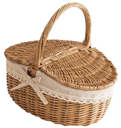 perfk Panier en Osier Panier de Pique-Nique en Osier Panier à Jouets Mignon pour Enfants avec Doublure Lavable Panier de Pique-Nique de Remerciement de, 26cmx18cmx13cm