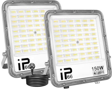 SKYWORLD 150W Focos LED Exterior 2 piezas,Blanco Frío LED Focos Exterior Iluminación con Enchufe,Impermeable IP66 Foco Proyector LED Floodlight para Patio Camino Jardín Almacén Terraza Garaje
