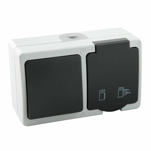 Enchufe con conmutador IP54: protección contra agua y polvo, ideal para exteriores, iluminación y control de dispositivos eléctricos.