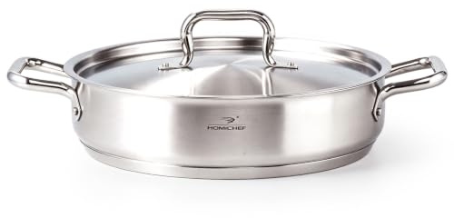 HOMICHEF 4,5L 30cm Bräterpfanne nickelfrei Edelstahl mattpoliert | Tiefe Bratpfanne mit Edelstahldeckel, ungiftig, induktionsgeeignet, ideal für Schmoren und Braten, robuste Verarbeitung