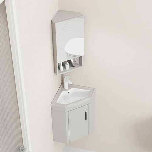 Freistehendes Eckwaschbecken mit Spiegelschrank für kleine Räume, Keramik-Waschbecken-Set (38,1 cm)