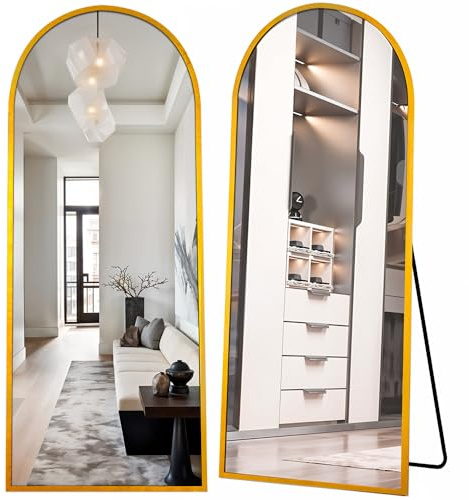 Marctani Espejo de Pie Cuerpo Entero - Espejo Grande y Largo con 3 Formas de Uso, Independiente, Montaje Pared y Apoyado - Marco de Aluminio para Dormitorio, Baño o Salon (Dorado 161x52cm)