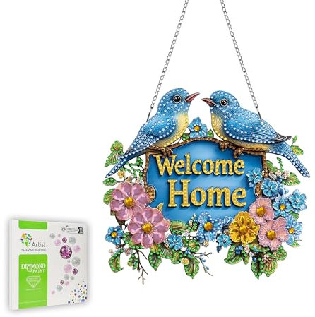 Ginfonr Diamond Painting Kits Hanging Pendant, Animal Welcome Sign for Front Door, Flower Suncatcher for Mum Gifts, Double Sided Hanging Kits for Garden Window (20x20 cm)