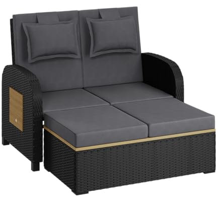 STEELSØN Polyrattan Sonnenliege Caelum, Gartenliege mit 5-Fach Verstellbarer Rückenlehne & ausklappbarer Seitenablage,Gartensofa mit Hocker für Garten, Loungebett, Doppelliege mit Auflage schwarz