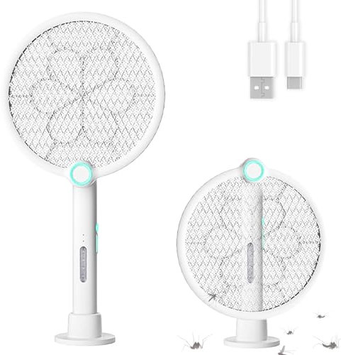 NXPUXP Racchetta Zanzare Mosche Elettrica,con Luce UV Racchetta Mosche Elettrica,1200mAh Batteria Ricaricabile USB-C,180° Pieghevole - Doppia Modalità (Manuale/Automatica)