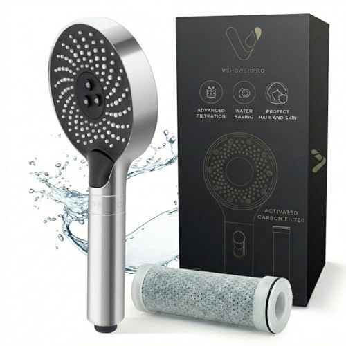 V Shower Pro Duschkopf mit Filter gegen Kalk, Hochdruck, Weiches Wasser, Chlor entfernt, Handbrause, Duschbrause, Silikondüsen, Premium Chrom, Sanft zu Haar & Haut