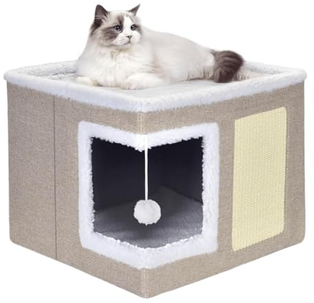 ERNAN Casa para Gatos Interior Plegable con Rascador, Cama para Diversos Estilos de Decoración del Hogar, para Pequeños Animales Interiores (Beige)