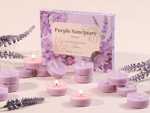 Eucalyptus & Lavender Highly Scented Tea Lights Candles 96 Pack, 3.5-4 Hours Natural Palm Tea Candles for Home Scented, Small Votives with Essential Oils for Home Aromatherapy, Gifts