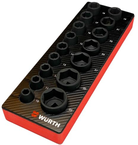 Würth 1/2 Zoll Kraft Steck Schlüssel Nuss Satz Sechskant 16 Teile 6-kant metrisch kurz in ORSY Schaumeinlage für Werkstattwagen 0965905214