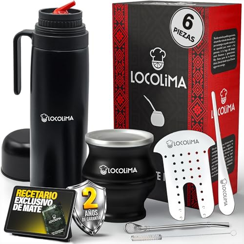 LOCOLIMA Kit Mate Argentino 6 Piezas, Termo Mate 1L con Pico Cebador, Acero Inoxidable Doble Pared, Vaso Térmico 230 ml, Bombilla, Limpiador, Separador de Yerba y Prensador, el Auténtico Set de Mate