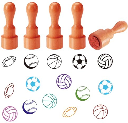 AHANDMAKER 5 Stil Ballspiele Dekorative Stempel Fußball Basketball Volleyball Baseball Muster Mini Holz Ei Stempel Für Scrapbooking Kartengestaltung Planer Aufkleber
