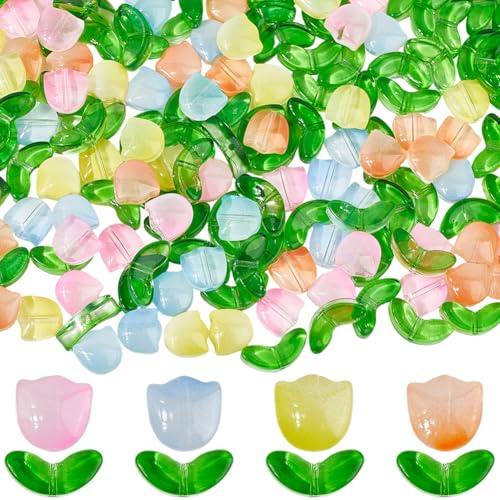 SOFPLATE 1 Box 240Pcs Tulip Flower Beads Floral Glass Beads Colorful Transparent Leaf Crystal Spring Summer Smooth Loose Spacer Charms Findings Sets for Jewellery Making Bracelets Necklaces DIY Crafts