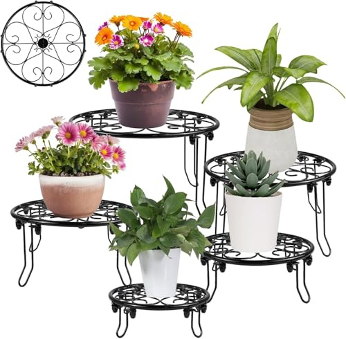 QLFJ-FurDec 5 Soporte Macetas Exterior de Metal Negro, Redondos Soporte para Plantas Maceteros de Hierro Forjado, Maceteros de Hierro Forjado Domésticas para Jardín, Interior, Balcón, Decoración