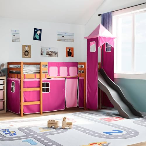 Qnhdfrt Kinderhochbett mit Rutsche und Turm aus Massivholz Kiefer 80x200 cm Wachsbraun Anthrazit Rosa Vorhänge Spielbett mit Leiter und Rausfallschutz für Kinderzimmer