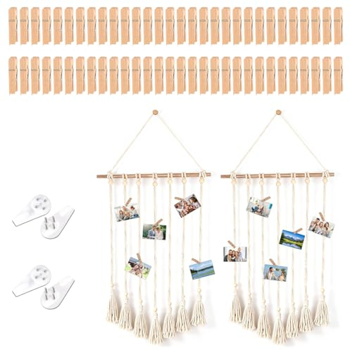GOEDCH Foto colgante de macramé: 2 pared de fotos con cuerda de algodón de flecos tejida y barra de madera, foto colgante con 60 pinzas de madera y 4 clavos para decoración del hogar, dormitorio
