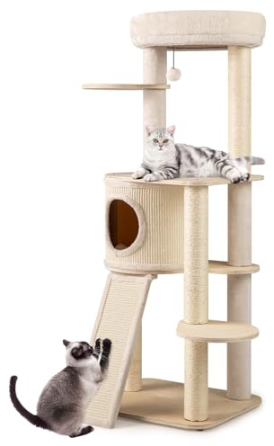 GOPLUS Árbol Rascador para Gatos de 143 cm, Torre para Gatitos de Interior con 6 Plataformas, Percha y Casa, Mueble para Gatos de Madera con 4 Rascadores de Sisal, Escalera 2 en 1 y Bola Colgante