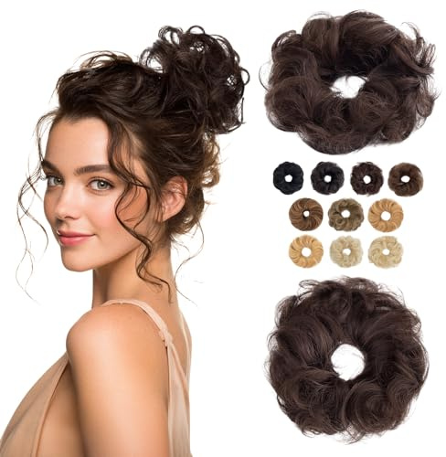 MY-LADY Haarteil Mit Gummiband Dutt Haarteil Haargummi Mit Haaren Locken 100% Echthaar, Hochsteckfrisuren Haarverlängerung für Damen Mädchen (#02 Dunkel Braun,23g)