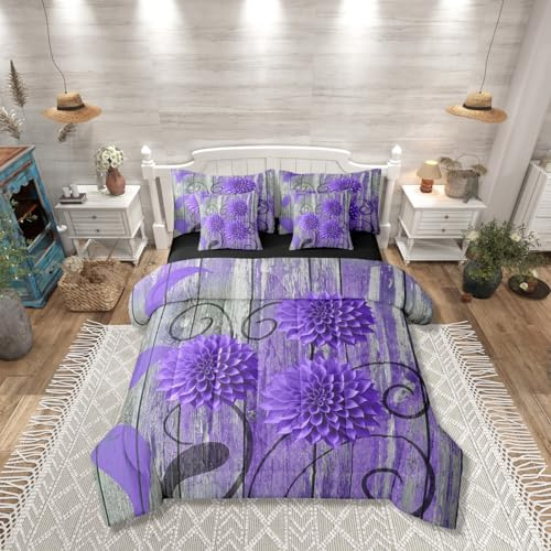 Erosebridal Flower Bed in A Bag Full | Dahlia Floral 7 Piece Comforter Set Rustic Flower Abstract Sheet Set Breathable Lightweight Vintage Teal Wooden Fitted Sheet Reversible