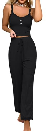 PARUPRUP Two-Piece Cute Heart Printed Pyjama Sets for Women, Spaghetti Strap Cami Top and Long Pants, Comfy Soft Summer Pjs Set (UK, Alpha, S, Regular, Regular, Black)