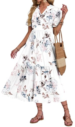 AUSELILY Summer Dresses for Women UK V Neck Maxi Dresses Ladies Ruffle Short Sleeve Swing Casual Long Beach Dress with Pockets