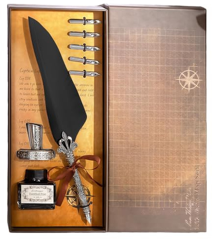 VlHpnpe Antiker Dip-Stift mit Tinten und 5 Federn, Retro-Füllfederhalter aus Metall, graviert, für Anfänger, Handschrift, antikes Kalligraphie-Schreibset