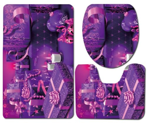 Badezimmermatte Elegante Lila Weihnachten rutschfeste Badmatte Waschbar Bath Mat Bad Vorleger Memory Schaum Badezimmerteppich U förmige WC Teppich Badteppich Set 45x75 cm