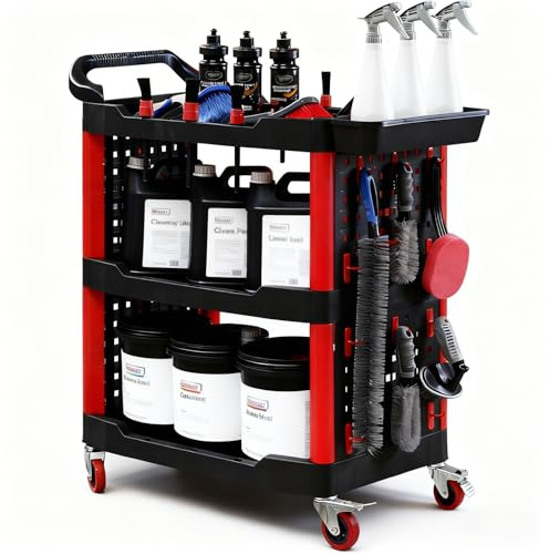 3-Tier 200Kg Capacity Braked Castors Utility Tool Cart, Car Detailing Trolley On Wheels, Heavy Duty Rolling Tool Storage with Hanging Plate|Hooks|Storage Box for Garage Warehouse Valeting Mechanic