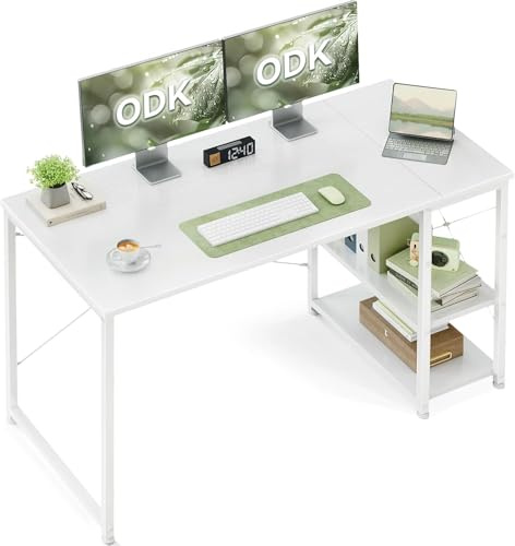 ODK Bureau d'Ordinateur avec Étagère Réversible, 120x48cm, Blanc | Bureau informatique avec étagère réglable et réversible, Table Informatique avec rangement pour PC, livres et accessoires.