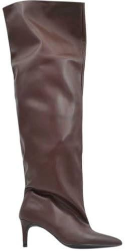Stivali Slouchy Altissimo in Pelle Marrone a Punta con Tacco Basso Kitten 5 cm Gambale Over Trend (40 EU)
