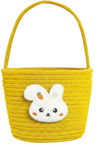 Formemory Easter Basket with Handle Plush Bunny Decoration,Cotton Rope Woven Egg Hunt Basket for Easter Gifts and Spring Celebrations