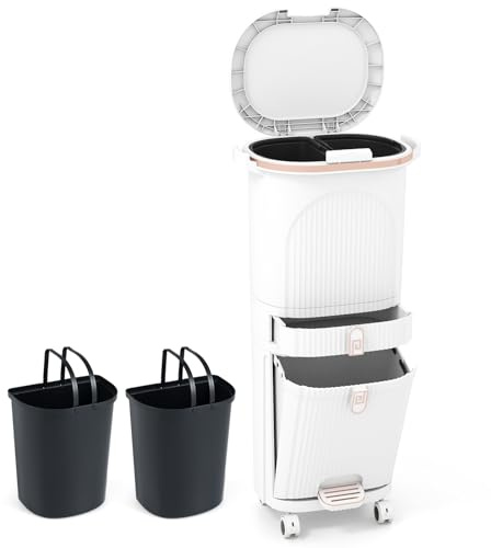 COSTWAY 42 L（12+12+14+4 L） Pattumiera Differenziata, Secchio Spazzatura a 3 Scomparti con Cassetto e Coperchi, 2 Secchi Rimovibili Pedale e Ruote, Bidoni Differenziata per Bagno Cucina Ufficio