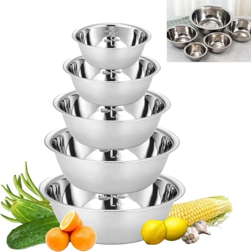STOUCLA Ensemble de 5 bols en acier inoxydable,saladier à fond plat, saladier avec graduation,de service pour la cuisine,empilable, les salades, la pâtisserie, 14/16/20/22/24 cm