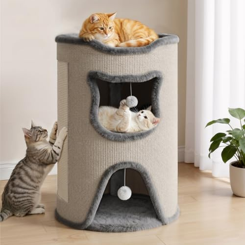 Klyvvo 40 x 40 x 60 cm Katzenhöhle Filz für Katzen, 2 Schicht, Weiß | Stabil Katzenhaus, Belastbar 30 kg, Innovative Katzenformgestaltung, Katzen höhle mit Kratzbaum, 2 Spielball, Großer Raum