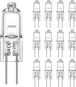 12 Stück G4 12V 20W Halogen Leuchtmittel Dimmbar, Warmweiß 2700K Stiftsockellampe G4 20 Watt, 300LM Halogenlampen für Kristallleuchter Dunstabzugshaube Backofen, G4 Halogen Birnen 2 Pin, 12er Packung