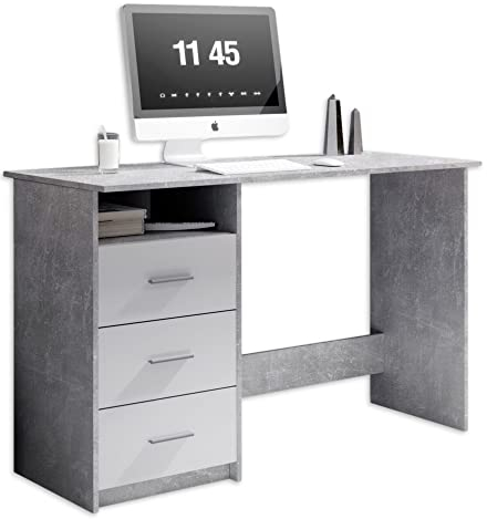 Stella Trading ADRIA Schreibtisch mit Schubladen in Beton Optik, Weiß - Praktischer Bürotisch Computertisch mit großer Arbeitsfläche - 120 x 76 x 50 cm (B/H/T)