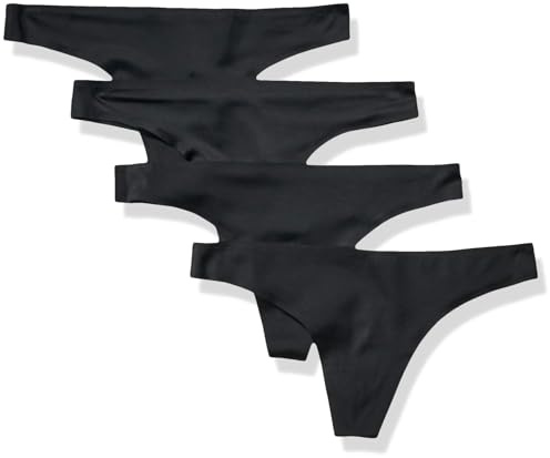 Amazon Essentials Sous-Vêtements pour Femme Respirants sans Couture, String, Stretch Collé Femme, Lot de 4, Noir, 46