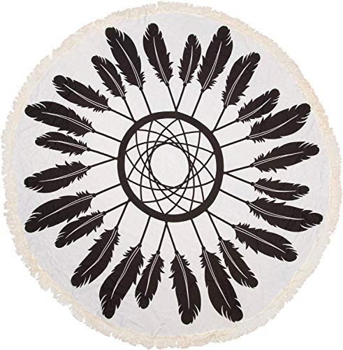 styleBREAKER Strandtuch Rund Traumfänger Feder Print Roundie, Weiß-Schwarz | Durchmesser 155-165cm. Fransen. Pareo Funktion. weiches Material. Baumwolle. Roundie Design. Badezubehör.