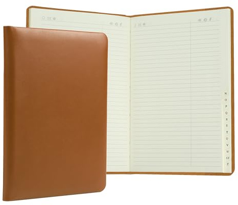 DELMON VARONE - Personalisierbares Adressbuch DIN A5 gebunden mit A-Z Register in Boxcalf Leder braun - Telefonbuch mit leicht wattiertem Hardcover Einband und alphabetischem Telefonregister