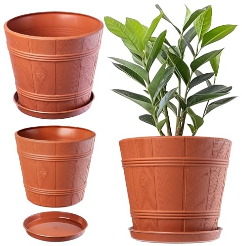 KADAX Flowerpot Blomkruka med underlägg, planteringskärl för inomhus- och utomhusområden, träutseende, väderbeständig växtkruka av plast (30 cm, brun)
