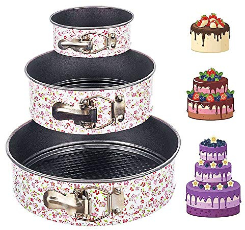 JPYH Springform Cake Pan 3 Pezzi (18cm/20cm/22cm),Antiaderente e a Tenuta stagna Cake Tin Set,con Fondo Piatto,Rivestimento Antiaderente,Motivo Floreale