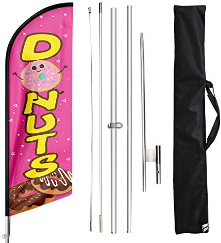 FSFLAG Donut Swooper fliegende Federflagge mit Fahnenmast-Set und Erdspießen, 3 m Werbe-Swooper-Geschäftsschild, Donut-Fahnenmast-Set