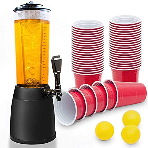 4,0L Columna de Cerveza Cult, Torre de Cerveza, Dispensador de Bebidas con 1,3L Enfriador de Hielo (1x Torre de Cerveza Negra + 50 Vasos de Bebida)