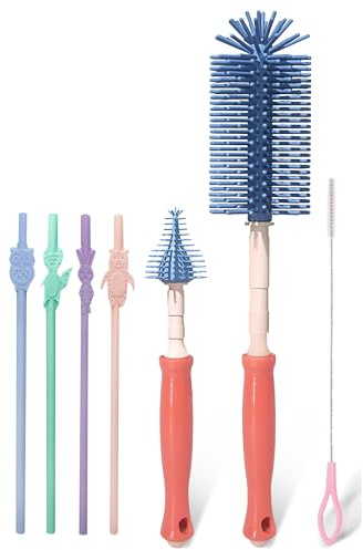 BRUNOKO Flaschenbürste Silikon für Babyflaschen | Flaschen-Reinigungsbürsten Set für Schnuller und Babyflaschen | 3 Stück Babyflaschenbürste + wiederverwendbare Strohhalme | Spülmaschinenfest